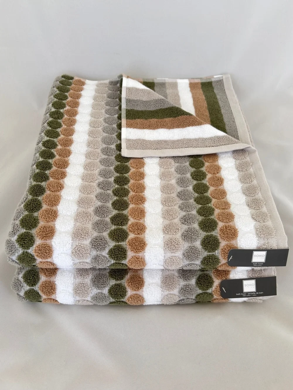 NWT Soho Living 2Pc Cotton Retro Earth Tone Polka Dot Striped Fall Bath Towels